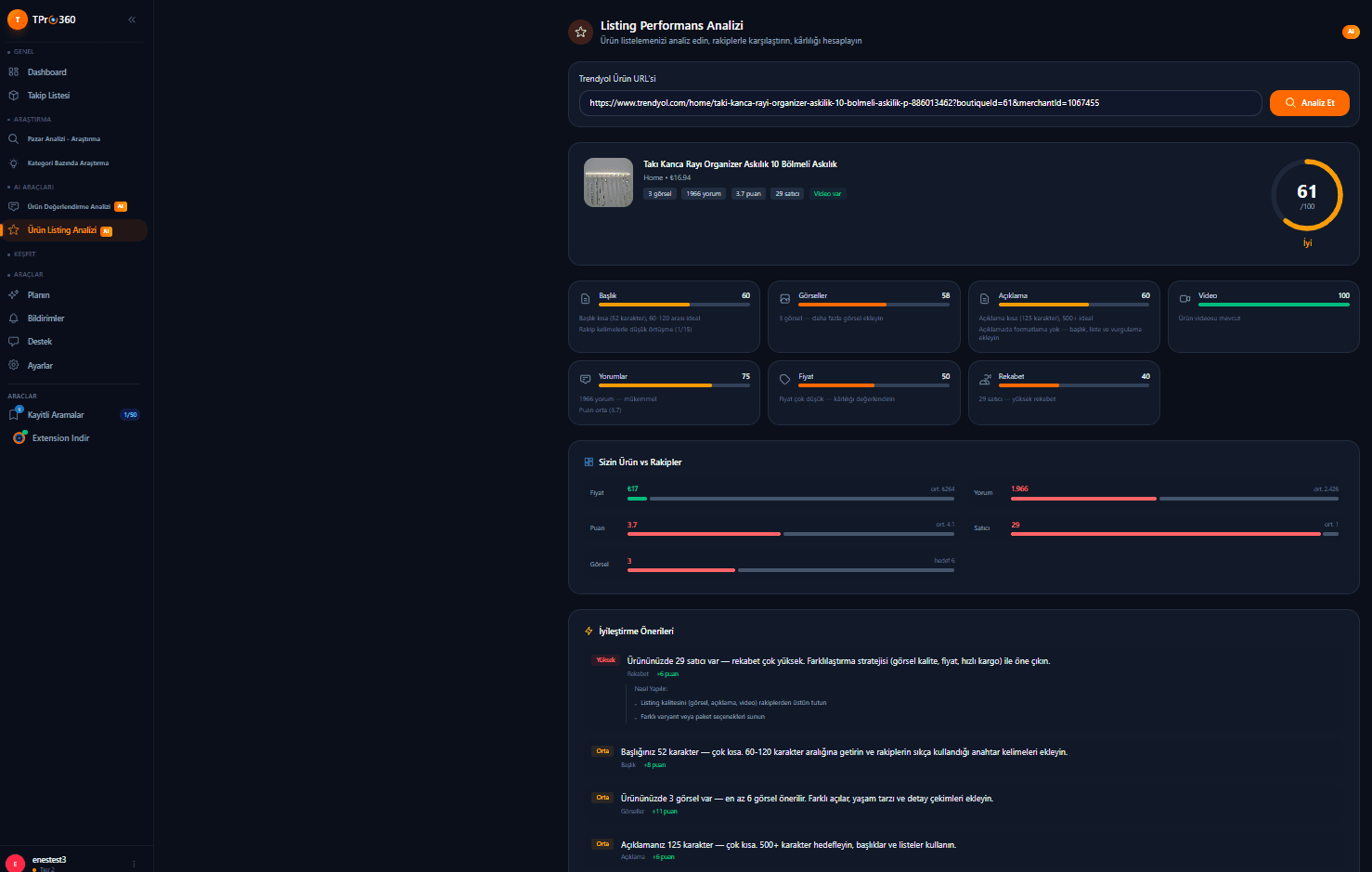 TPro360 — AI listing performans analizi
